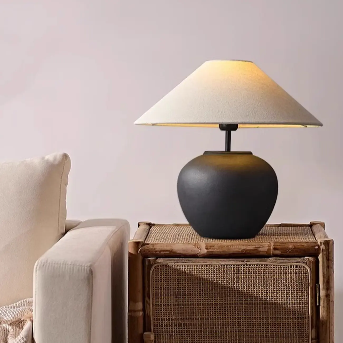 White Ceramic LED Table Lamp with Fabric Shade Image - 6 | homeyfad