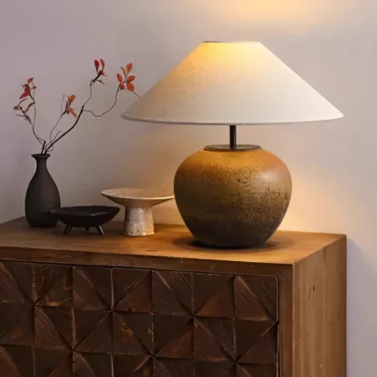 White Ceramic LED Table Lamp with Fabric Shade Image - 7