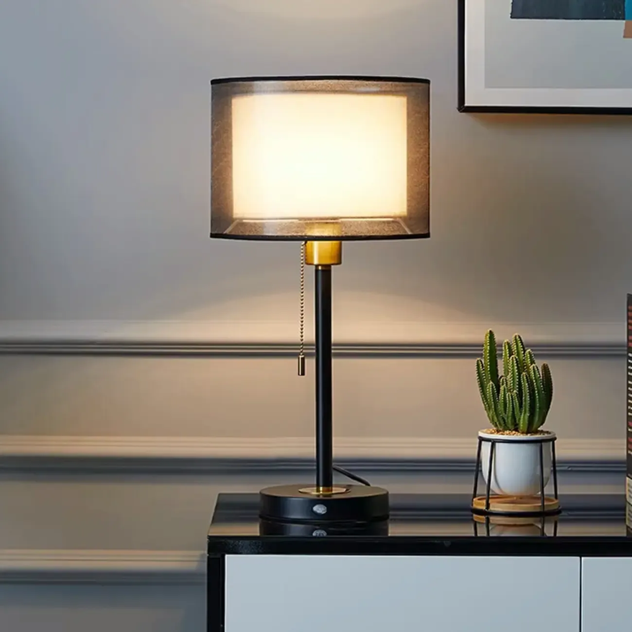 Modern Metal LED Table Lamp with Fabric Shade Image - 9