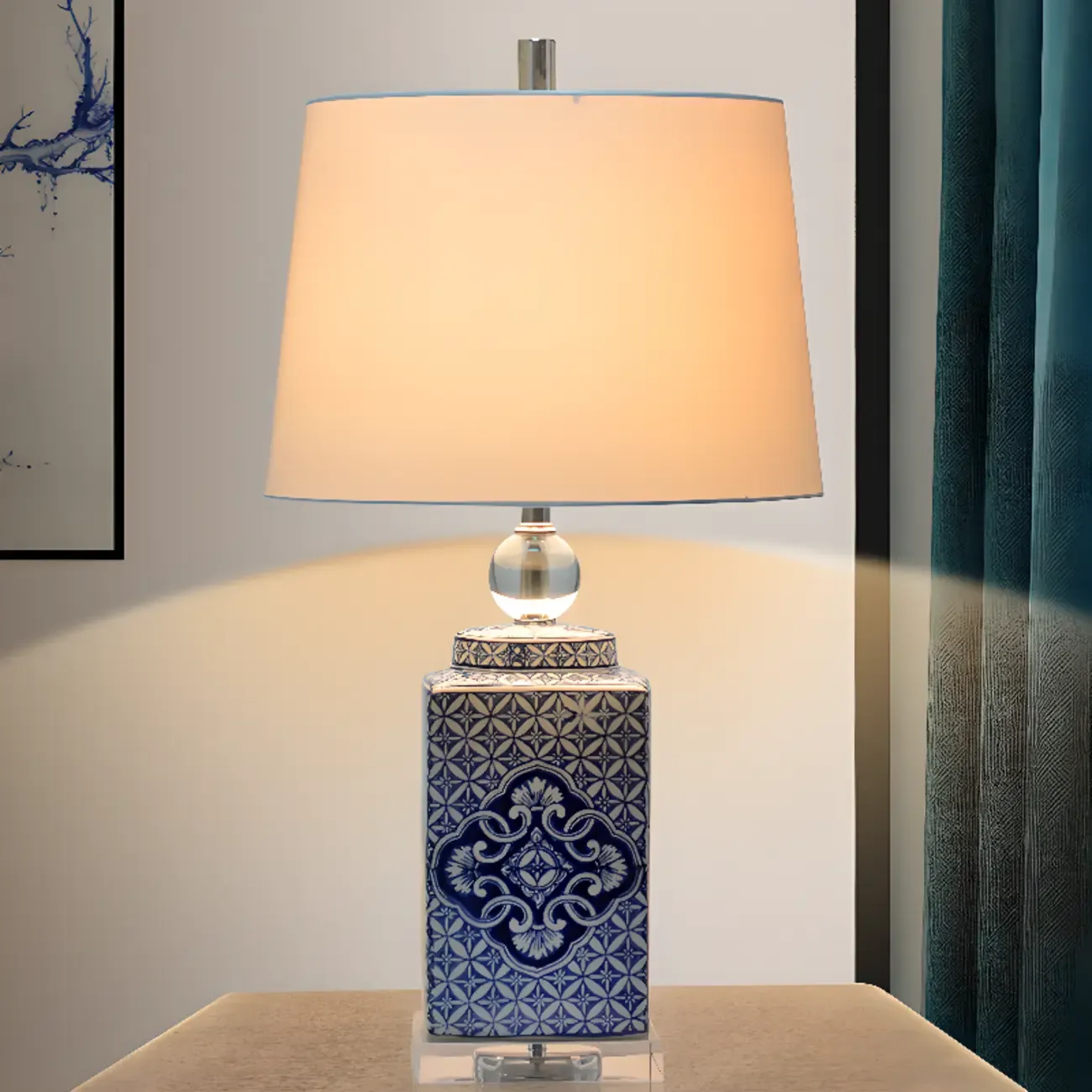 Blue Traditional Ceramic Table Lamp with Fabric Shade Image - 1