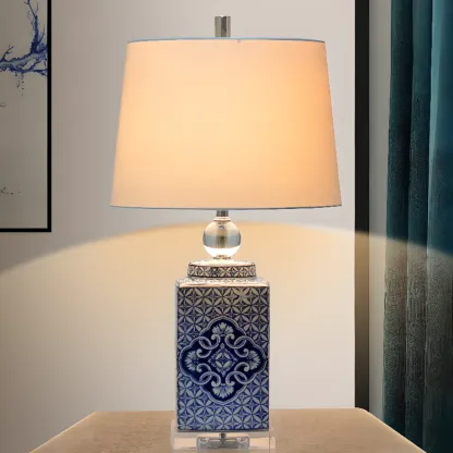 Blue Traditional Ceramic Table Lamp with Fabric Shade Image - 1
