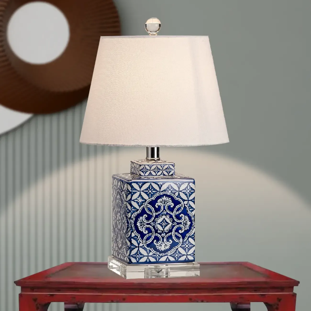 Blue Traditional Ceramic Table Lamp with Fabric Shade Image - 5