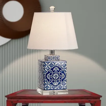Blue Traditional Ceramic Table Lamp with Fabric Shade Image - 5