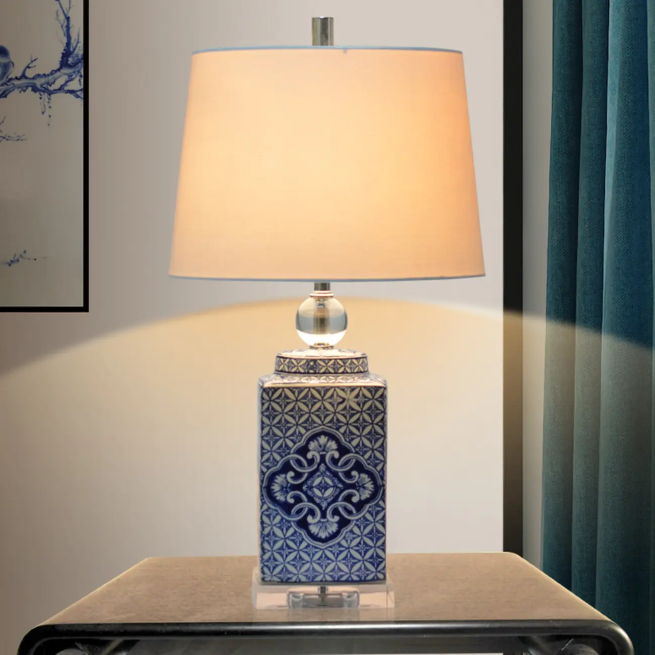 Blue Traditional Ceramic Table Lamp with Fabric Shade Image - 7 | homeyfad