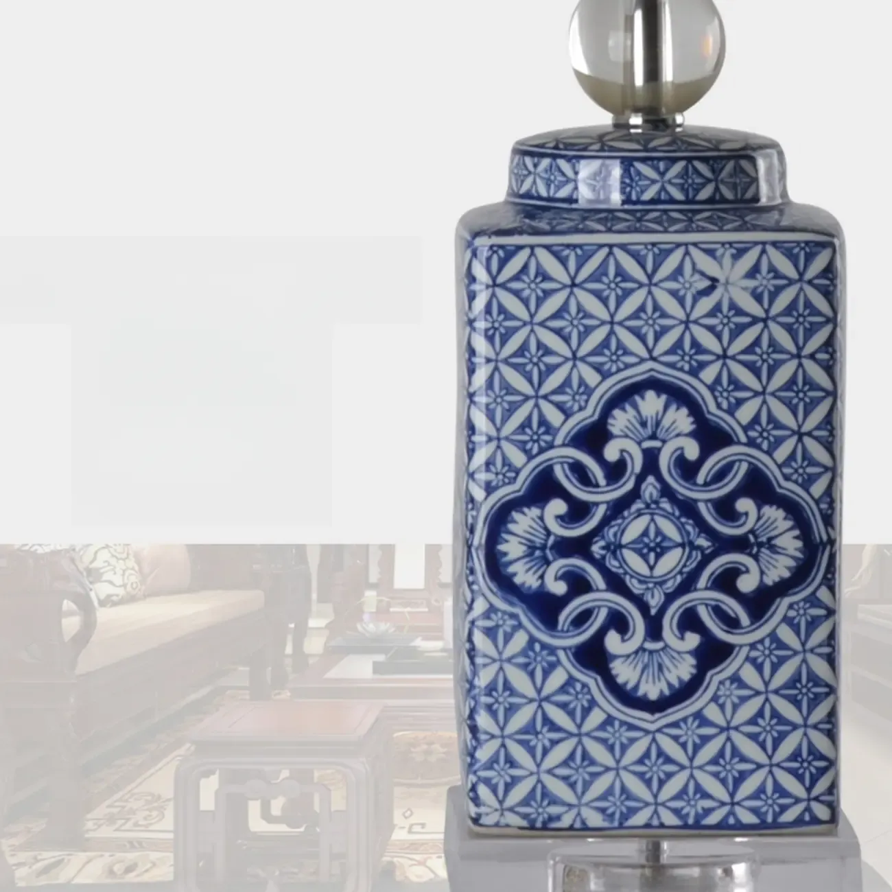 Blue Traditional Ceramic Table Lamp with Fabric Shade Image - 13
