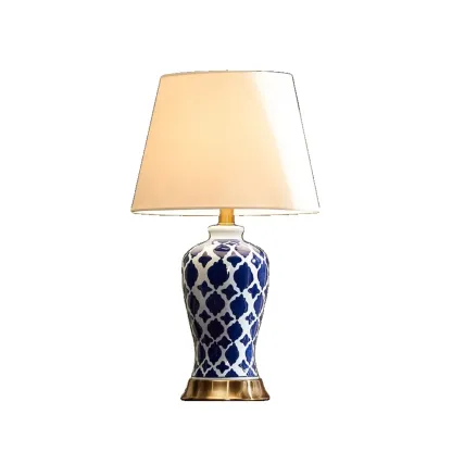 Elegant Ceramic Table Lamp with Geometric Fabric Shade Image - 2