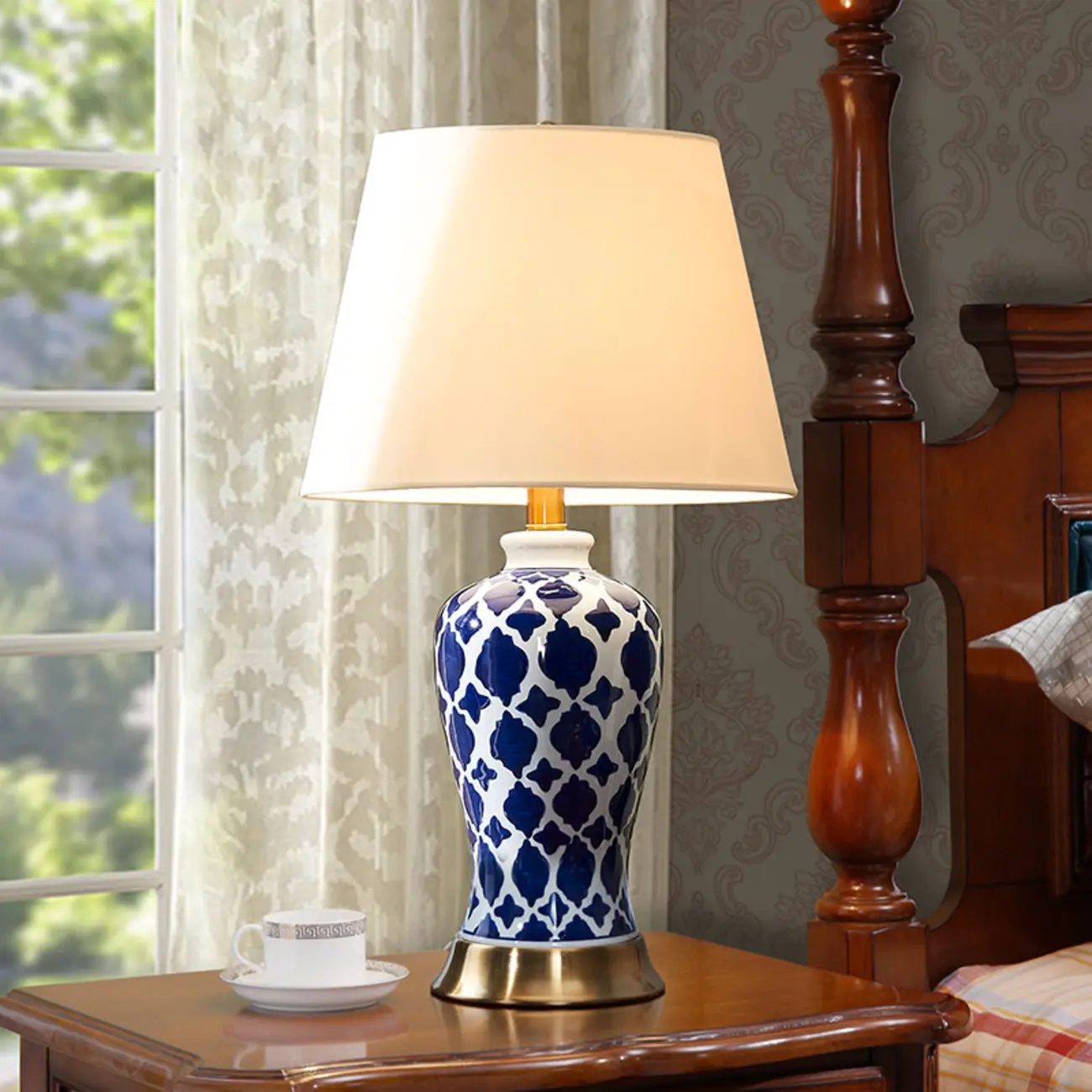 Elegant Ceramic Table Lamp with Geometric Fabric Shade Image - 4 | homeyfad