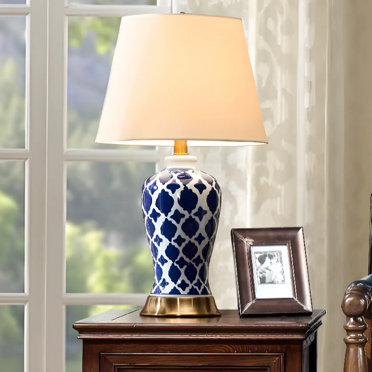 Elegant Ceramic Table Lamp with Geometric Fabric Shade Image - 5 | homeyfad