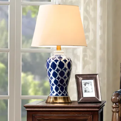 Elegant Ceramic Table Lamp with Geometric Fabric Shade Image - 5
