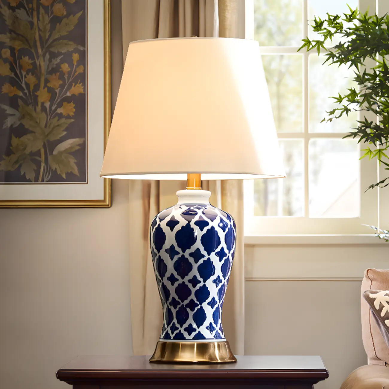 Elegant Ceramic Table Lamp with Geometric Fabric Shade Image - 6 | homeyfad