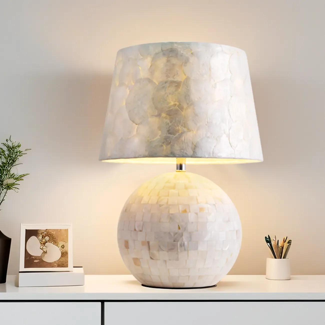 Modern Shell Table Lamp with Geometric Shade Image - 1