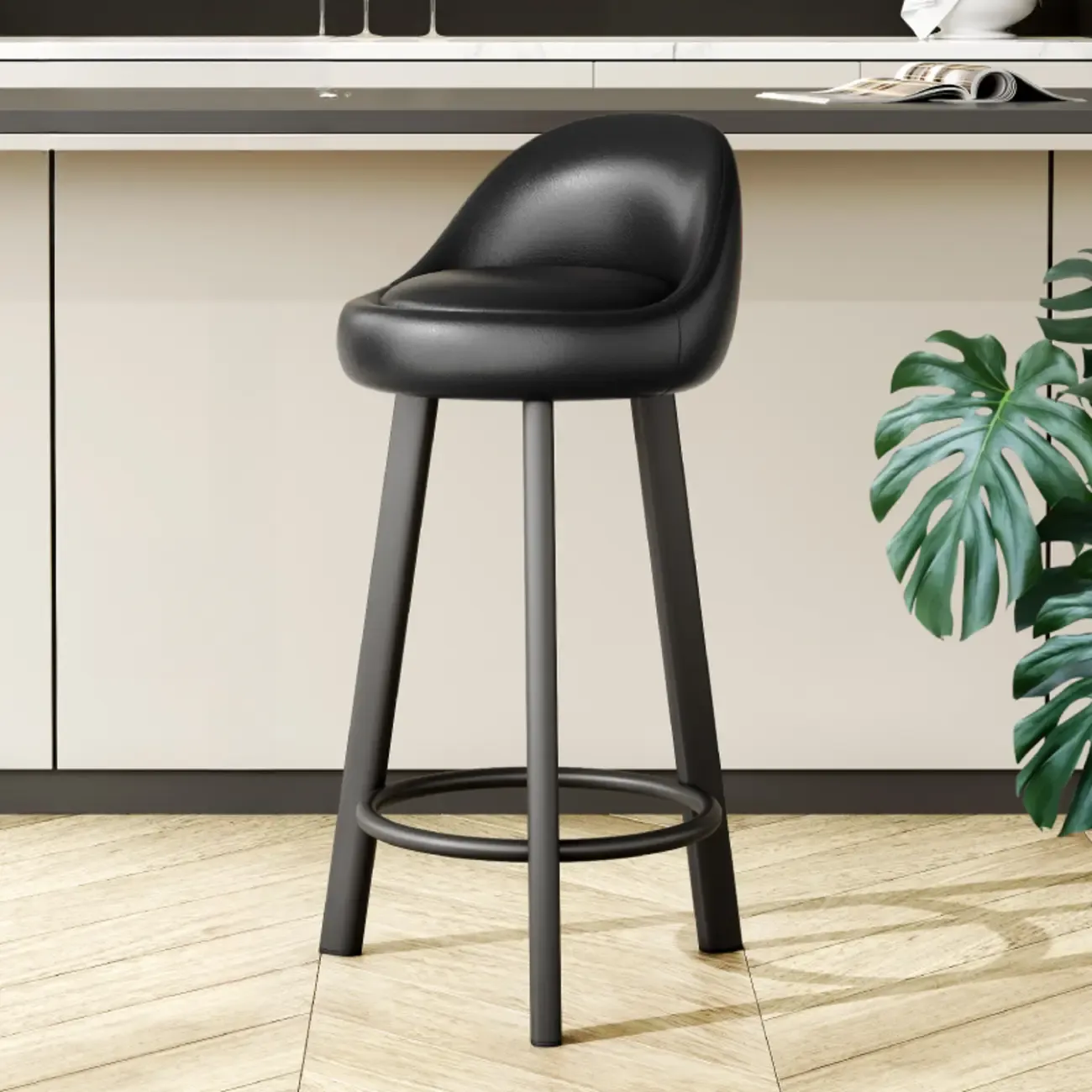 Minimalist Round Tripod Faux Leather Bar Stools Image - 3