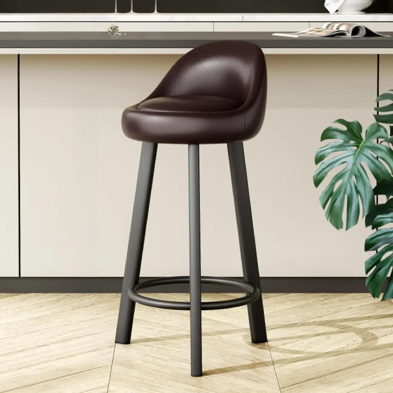 Minimalist Round Tripod Faux Leather Bar Stools Image - 1