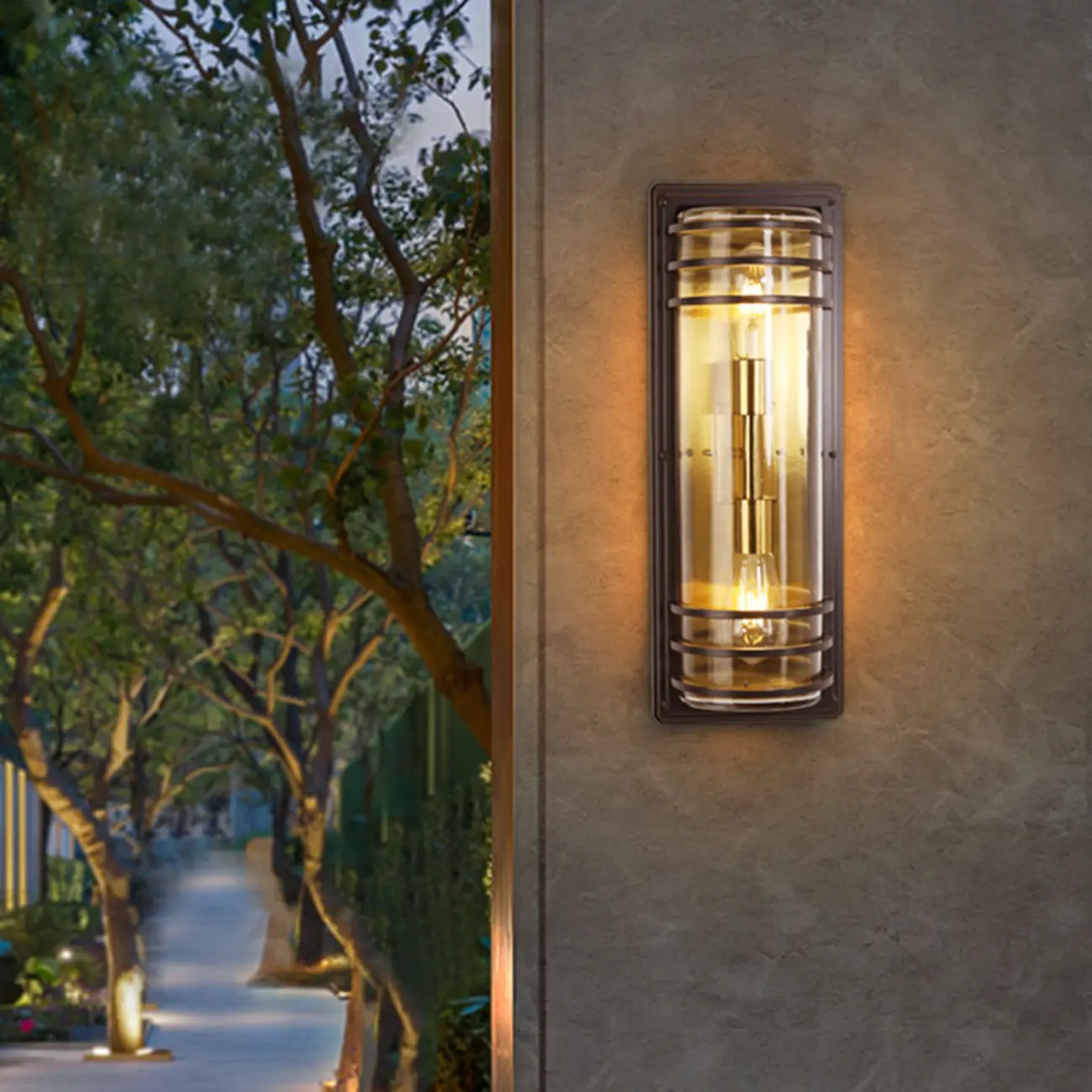 Modern Metal Brown Cylinder Glass Outdoor Wall Light | homeyfad