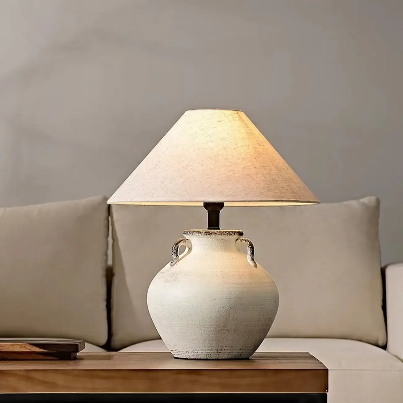 Ceramic Table Lamp with Cone Fabric Shade, LED Compatible Image - 1