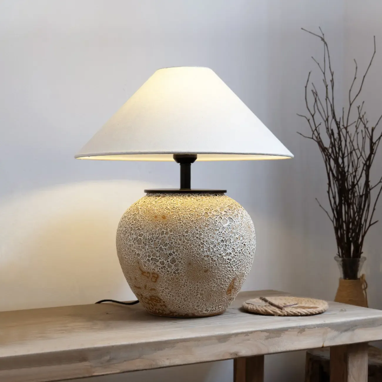 Ceramic Table Lamp with Cone Fabric Shade, LED Compatible Image - 2
