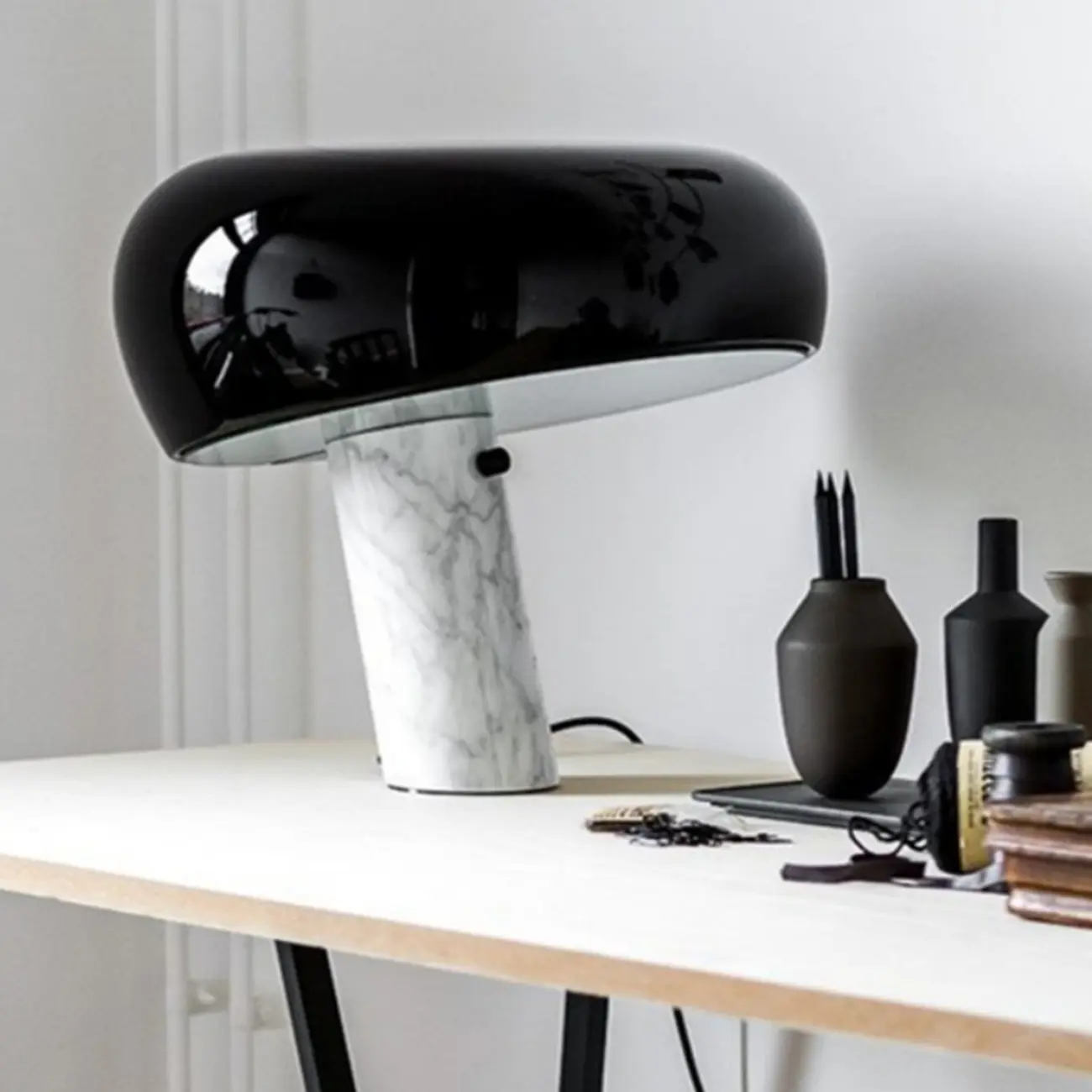 Modern Geometric Stone & Iron LED Table Lamp, Black Image - 8 | homeyfad