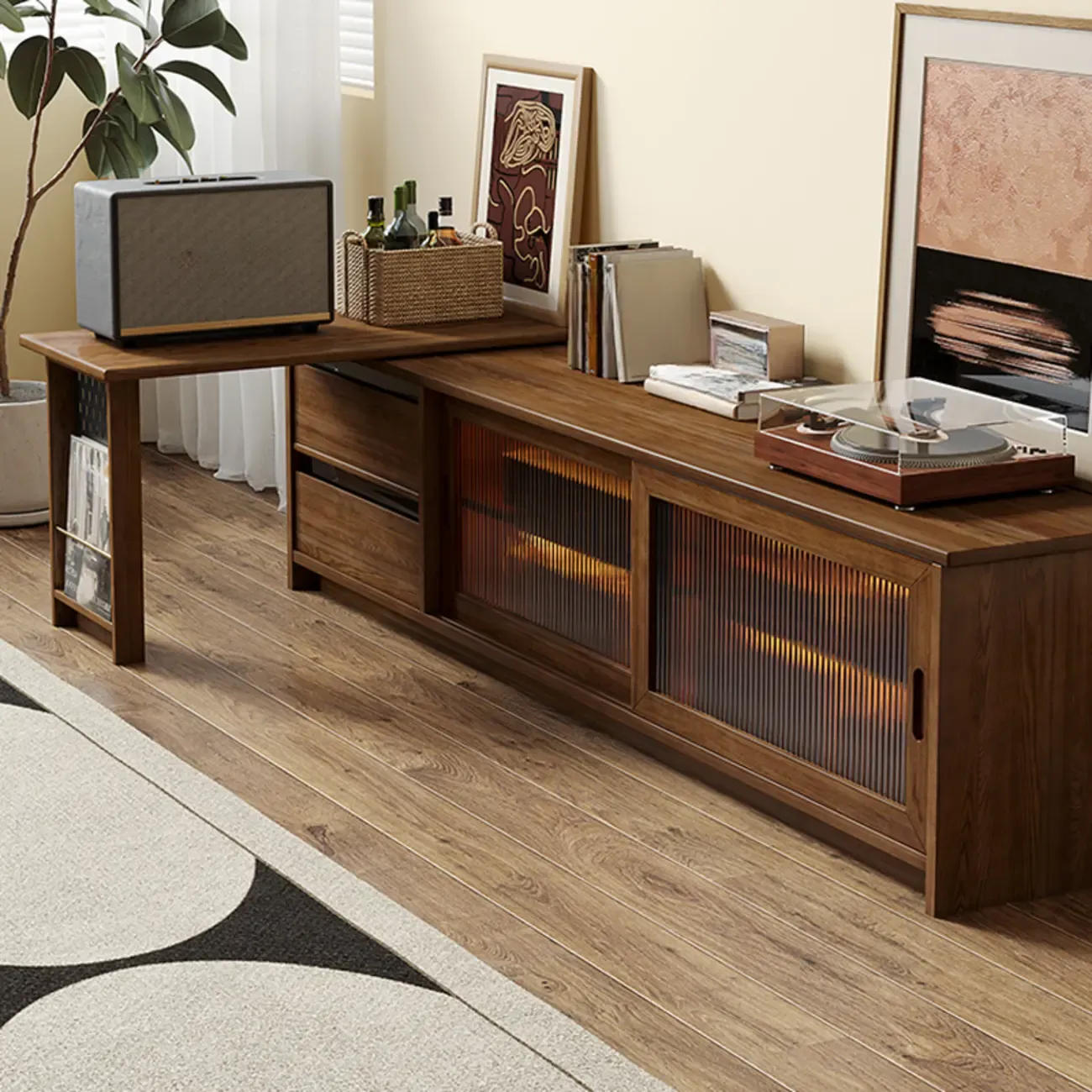 Extendable Long Brown Wood TV Stand with 2 Cabinets Image - 1