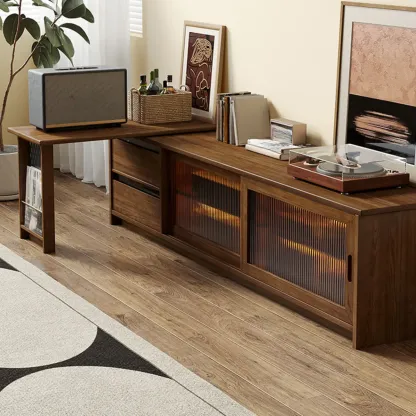 Extendable Long Brown Wood TV Stand with 2 Cabinets Image - 1