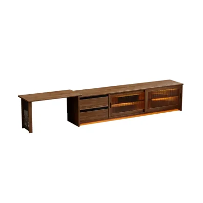 Extendable Long Brown Wood TV Stand with 2 Cabinets Image - 12