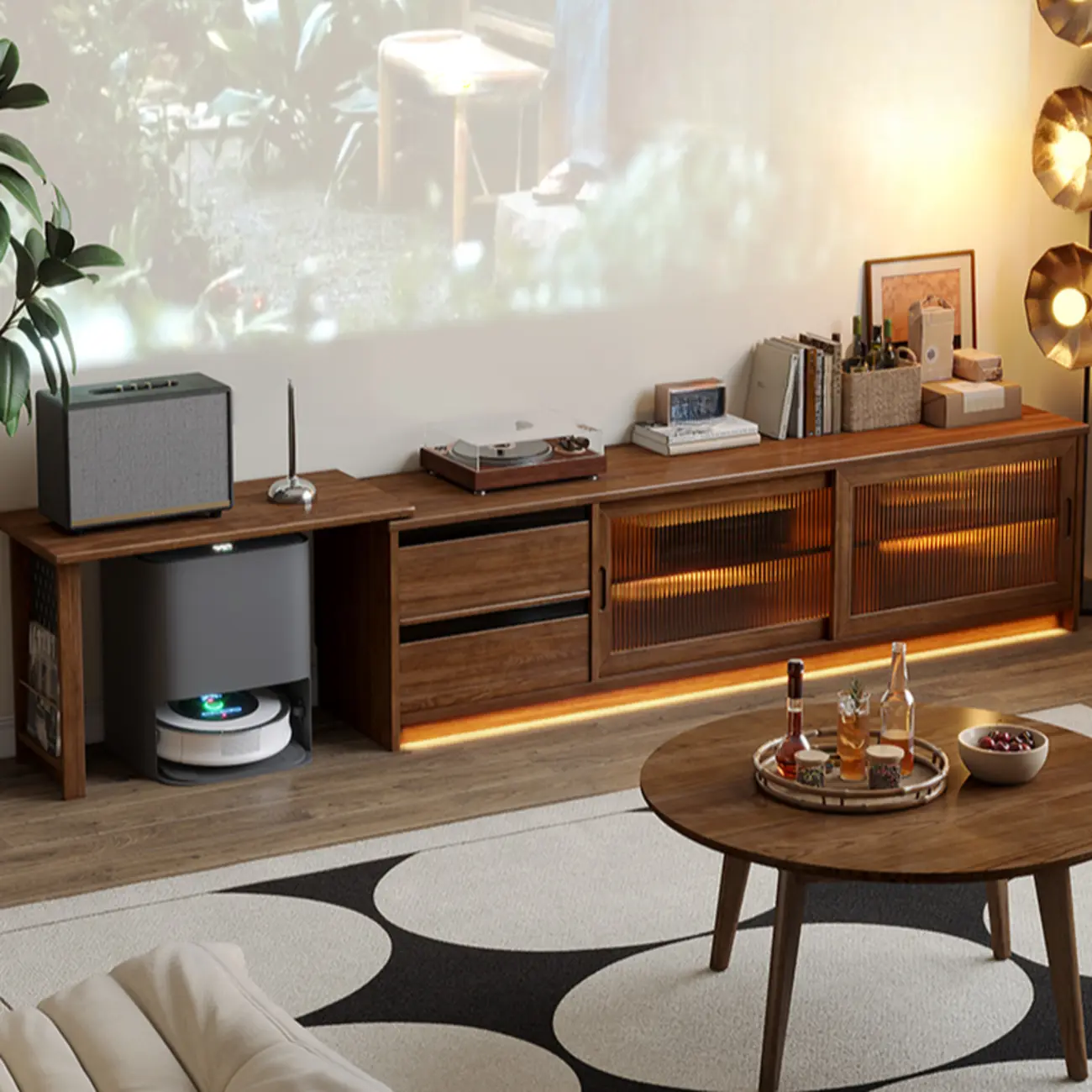 Extendable Long Brown Wood TV Stand with 2 Cabinets Image - 3 | homeyfad