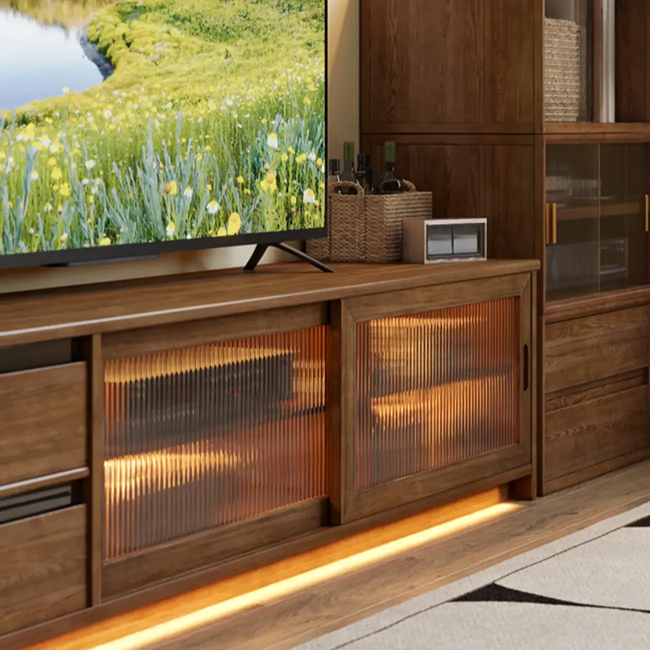 Extendable Long Brown Wood TV Stand with 2 Cabinets Image - 6