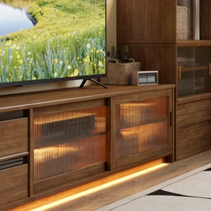 Extendable Long Brown Wood TV Stand with 2 Cabinets Image - 6