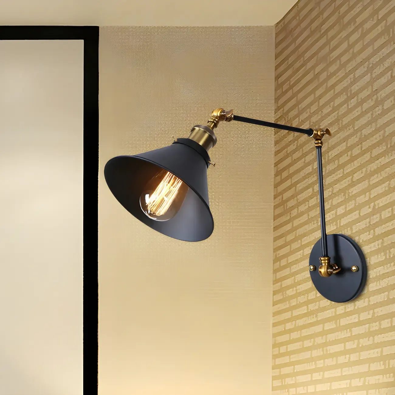 Industrial Brass Black Adjustable Swing Arm Wall Light Image - 7