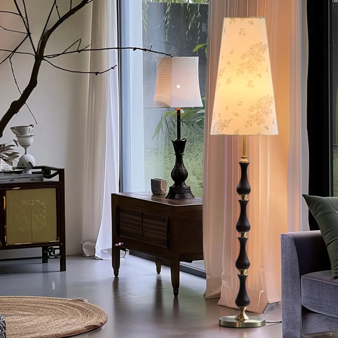 Traditional Vintage Printed Fabric Shade Floor Lamp Image - 4 | homeyfad