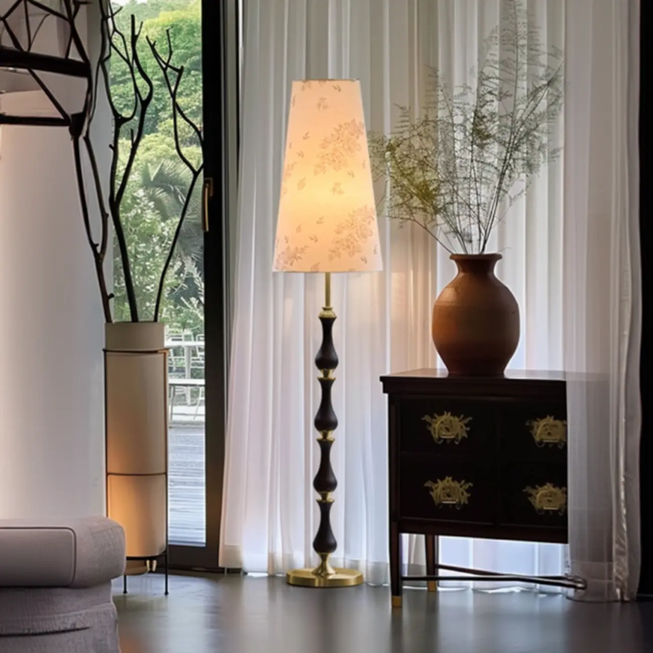 Traditional Vintage Printed Fabric Shade Floor Lamp Image - 5 | homeyfad