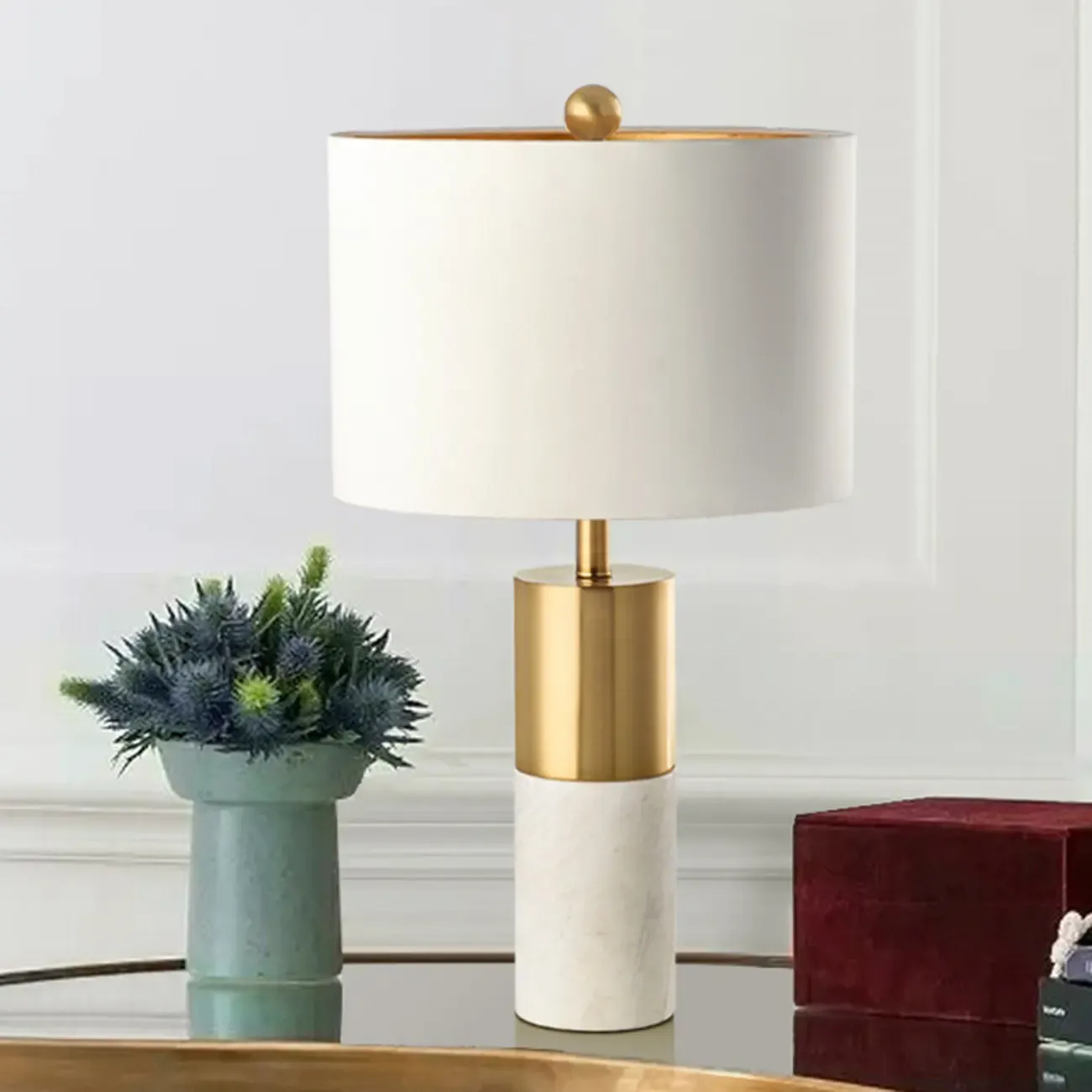 Modern Cylinder Stone Table Lamp with Fabric Shade Image - 1
