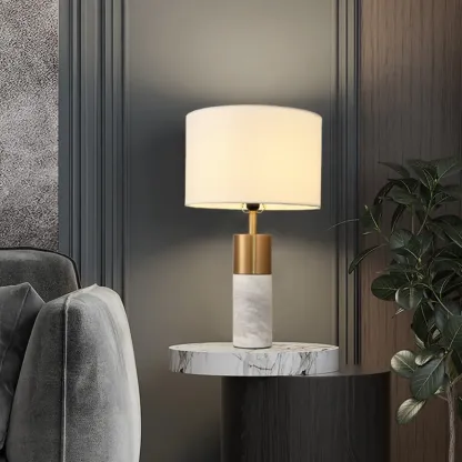 Modern Cylinder Stone Table Lamp with Fabric Shade Image - 3