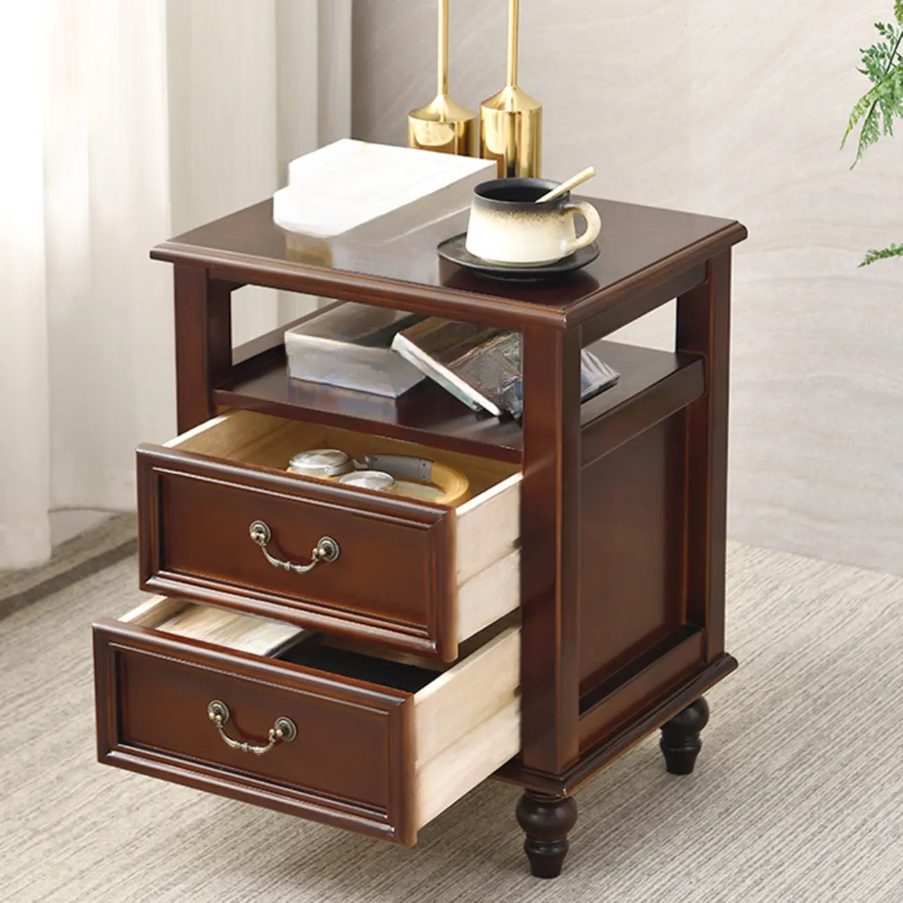 French Small 3-Tier Nightstand with Bronze Handles Image - 6 | homeyfad