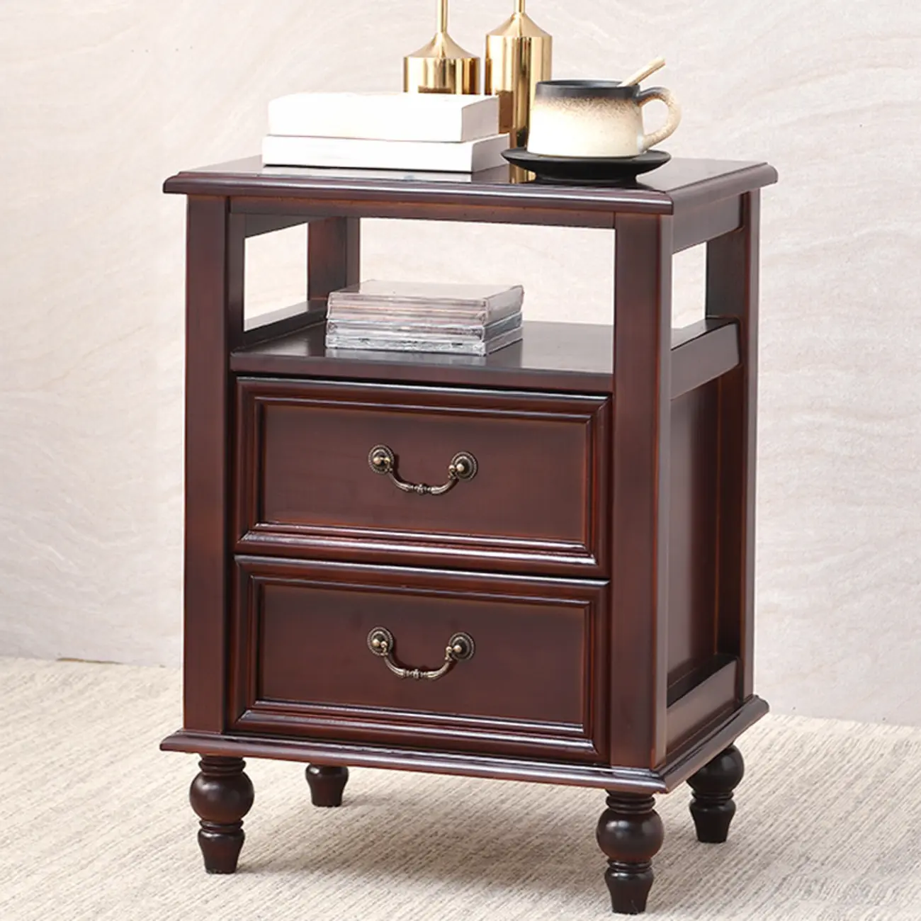 French Small 3-Tier Nightstand with Bronze Handles Image - 7 | homeyfad