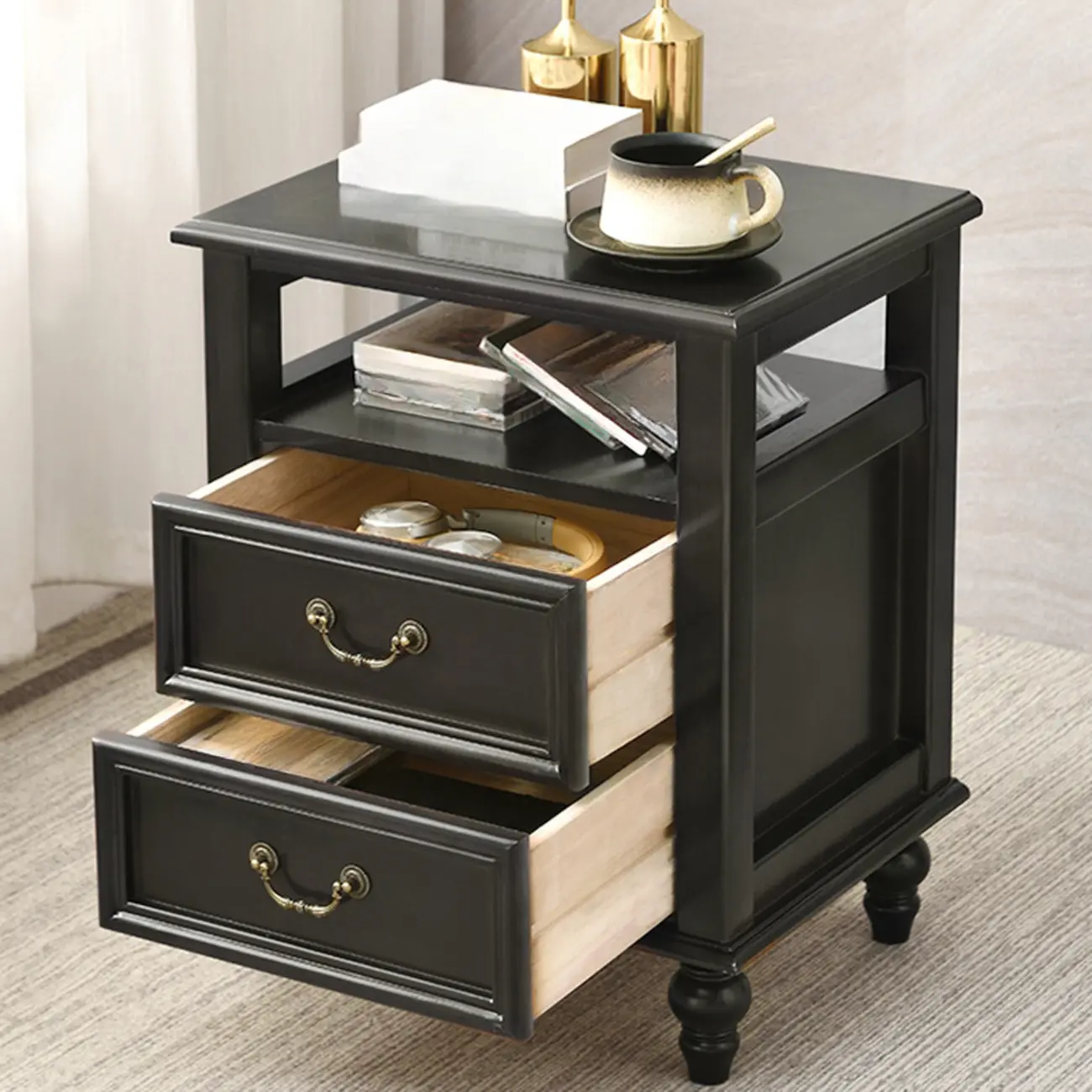 French Small 3-Tier Nightstand with Bronze Handles Image - 9 | homeyfad