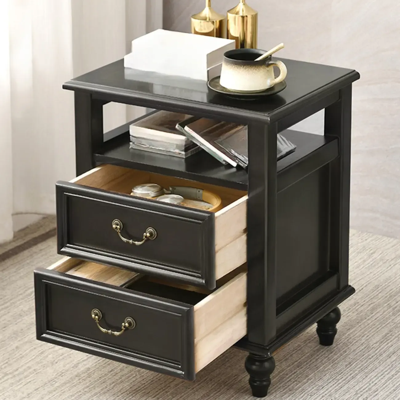 French Small 3-Tier Nightstand with Bronze Handles Image - 9