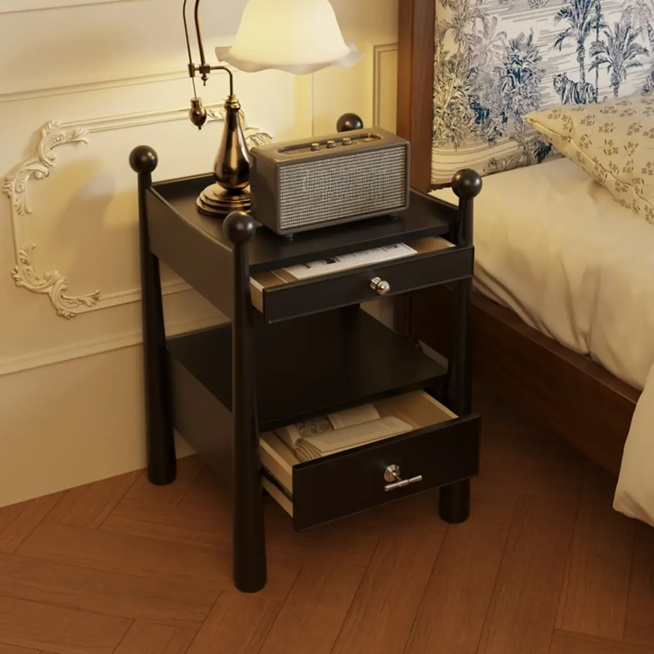 Mid-Century Modern Narrow Wood Nightstand with 2-Drawer Image - 3