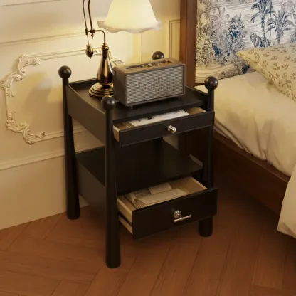 Mid-Century Modern Narrow Wood Nightstand with 2-Drawer Image - 3