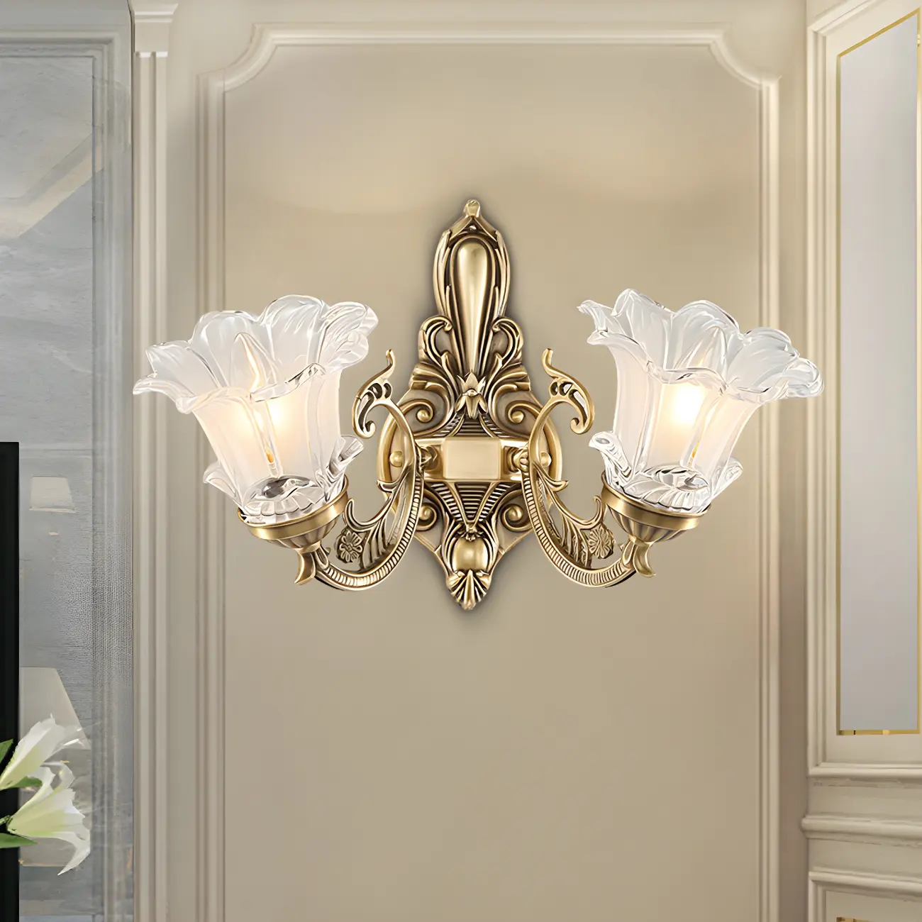 Vintage Brass Floral Wall Sconce with Glass Shades Image - 1 | homeyfad