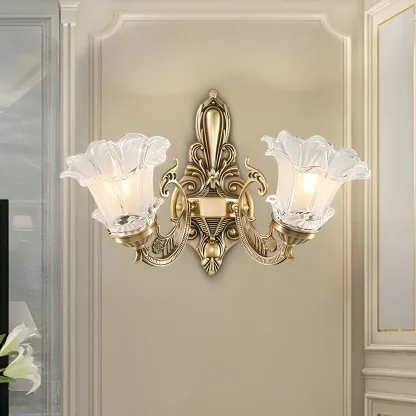 Vintage Brass Floral Wall Sconce with Glass Shades Image - 1