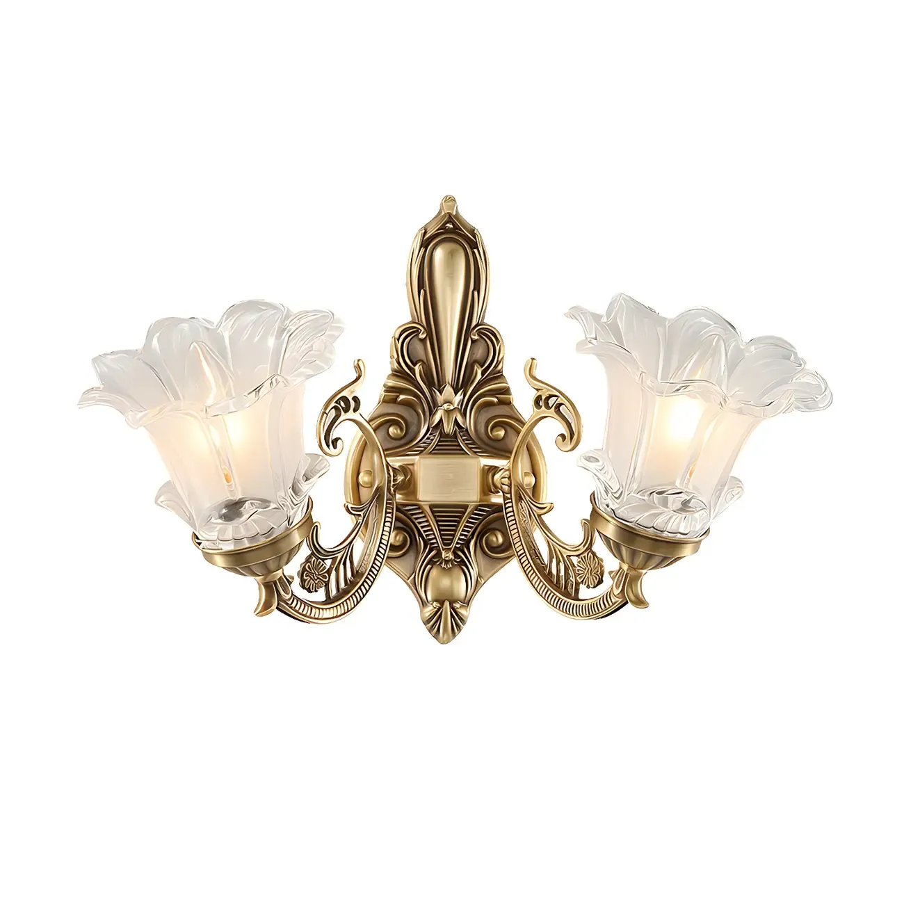 Vintage Brass Floral Wall Sconce with Glass Shades Image - 4