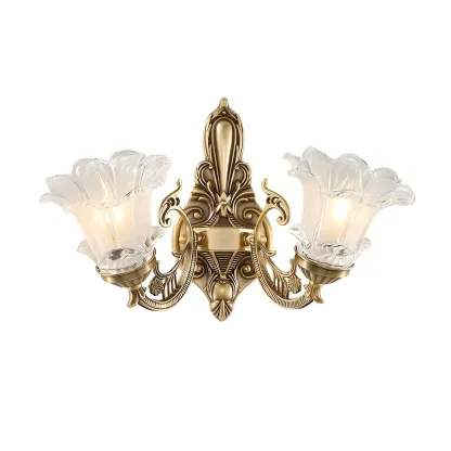 Vintage Brass Floral Wall Sconce with Glass Shades Image - 4