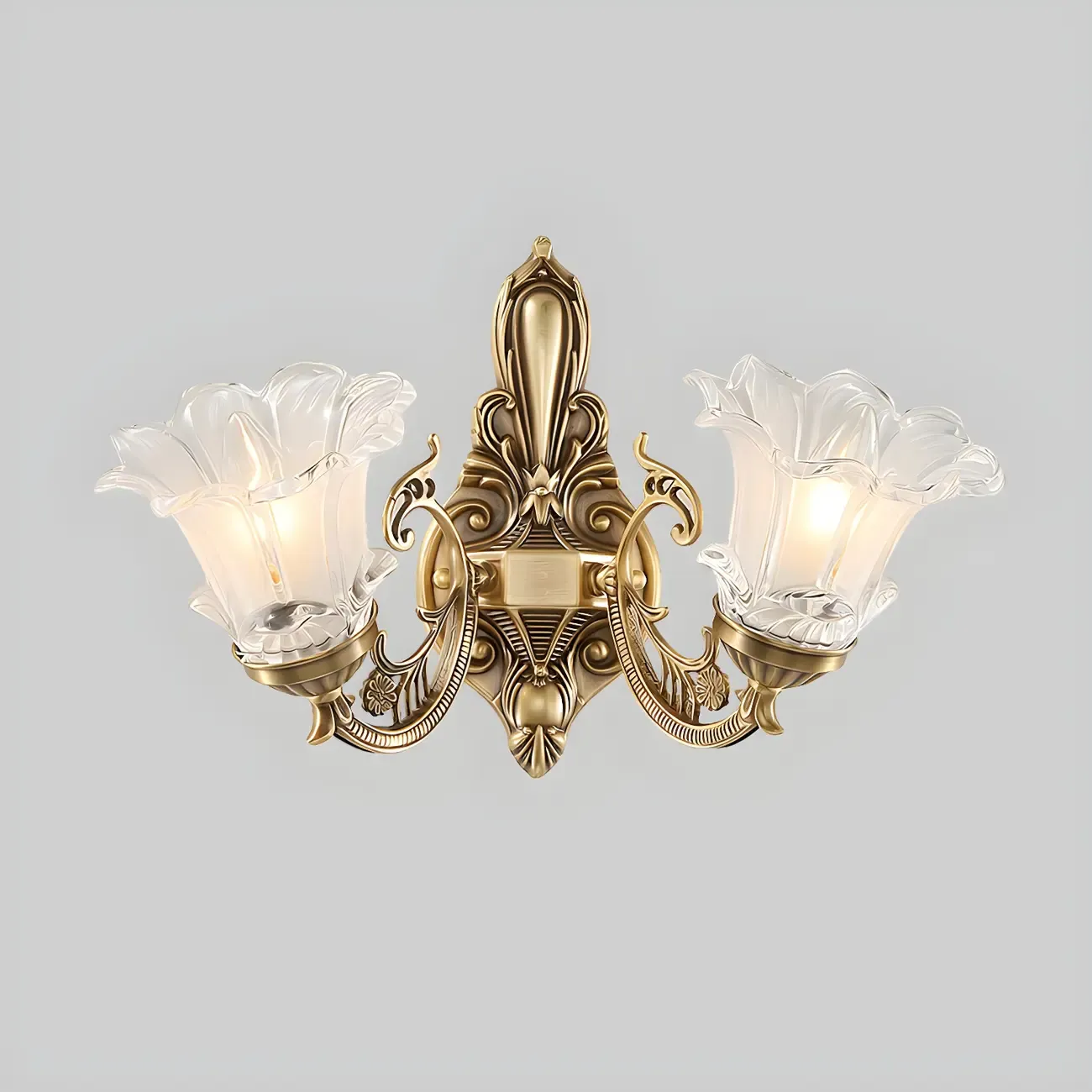 Vintage Brass Floral Wall Sconce with Glass Shades Image - 5