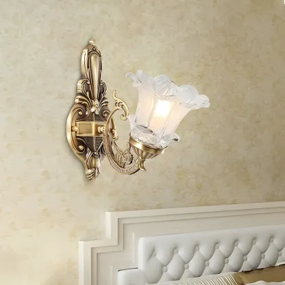 Vintage Brass Floral Wall Sconce with Glass Shades Image - 2