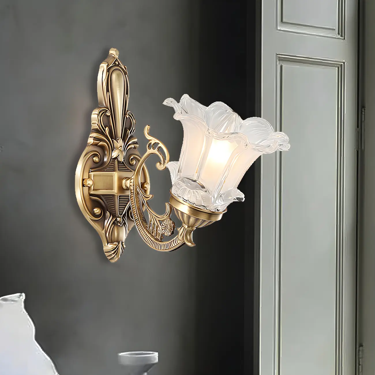 Vintage Brass Floral Wall Sconce with Glass Shades Image - 3 | homeyfad