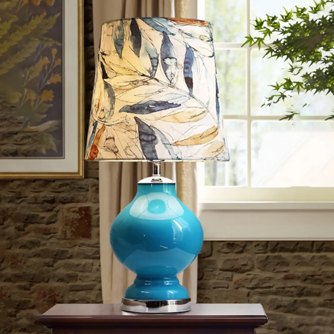 Blue Glass Table Lamp with Leaf Fabric Shade Image - 1