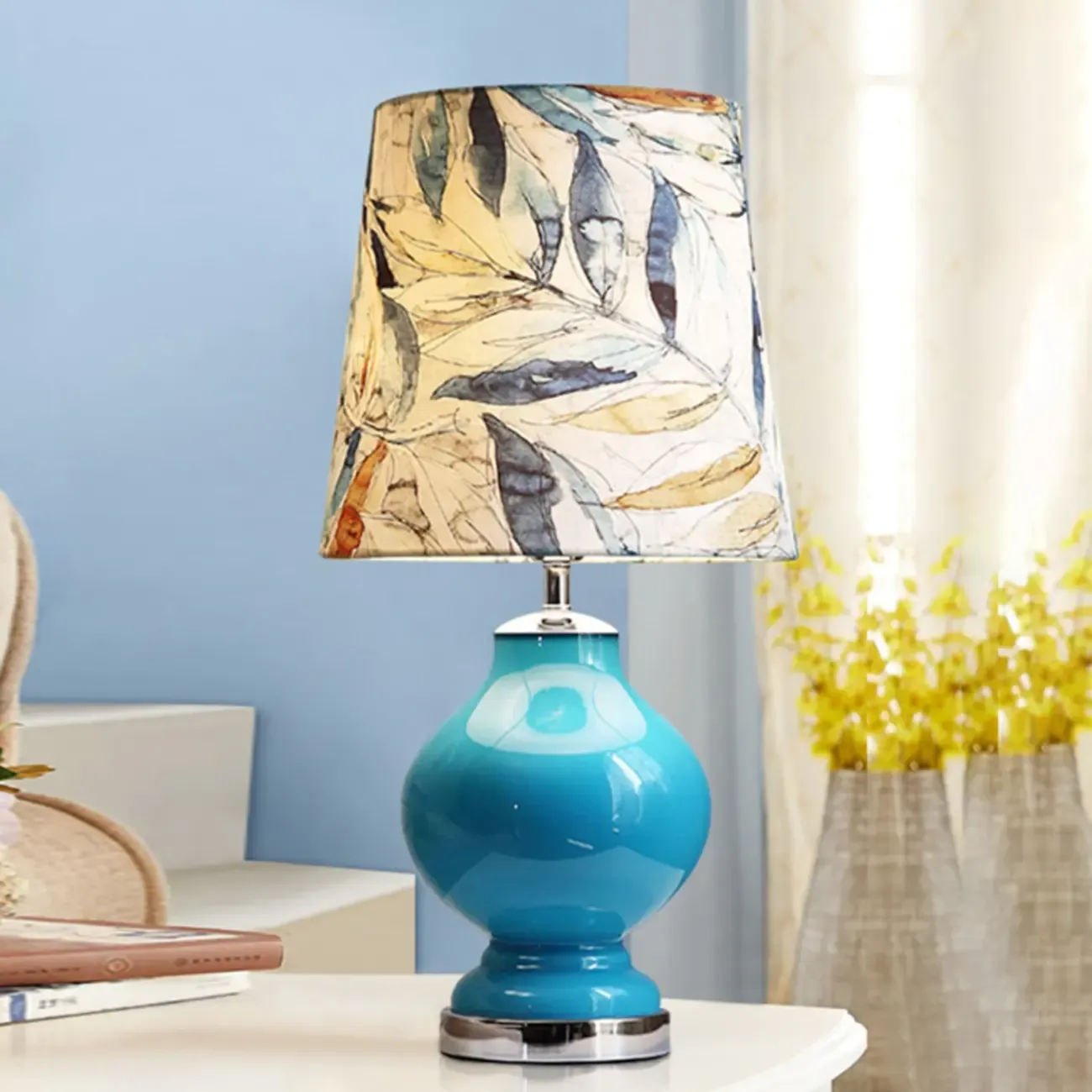 Blue Glass Table Lamp with Leaf Fabric Shade | HomeyFad
