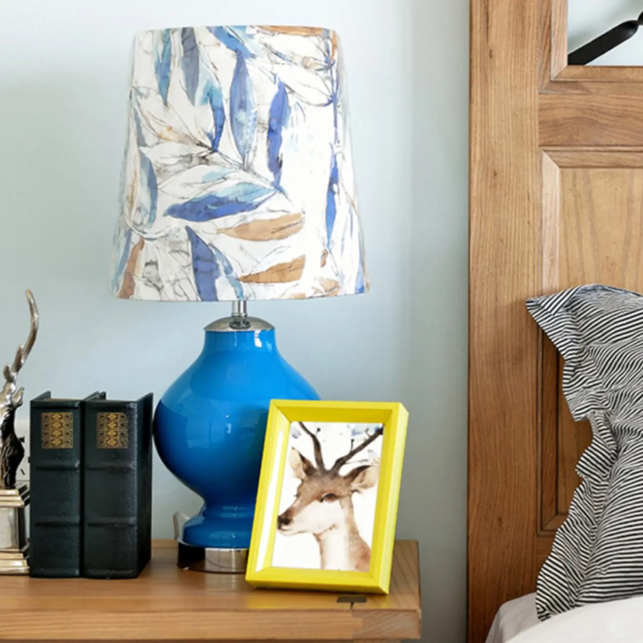 Blue Glass Table Lamp with Leaf Fabric Shade Image - 3 | homeyfad