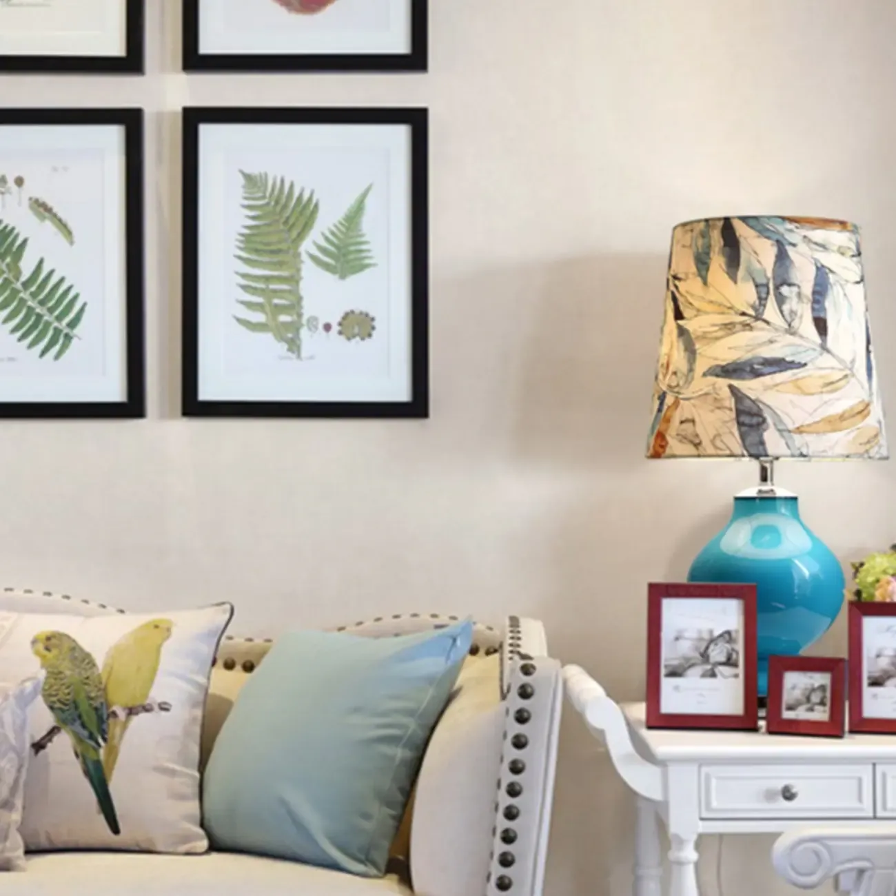 Blue Glass Table Lamp with Leaf Fabric Shade Image - 4