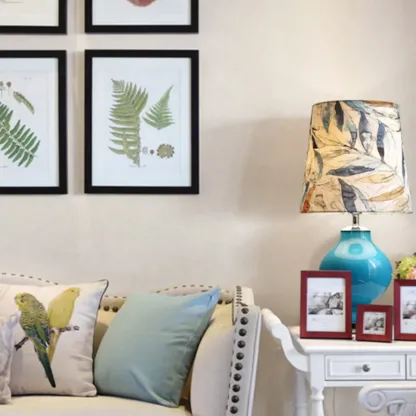 Blue Glass Table Lamp with Leaf Fabric Shade Image - 4